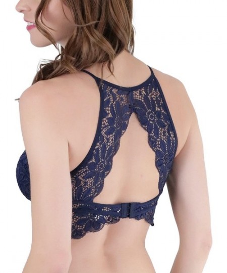 Tops Women's Keyhole High Neck Stretch Lace Bralette with Lined Cups - Navy - CG18G3QT7XS