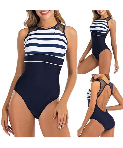 Racing Women Slimming One Piece Swimsuit High Neck Mesh Striped Monokini Swimwear High Waist Conservative Bathing Suit Black ...