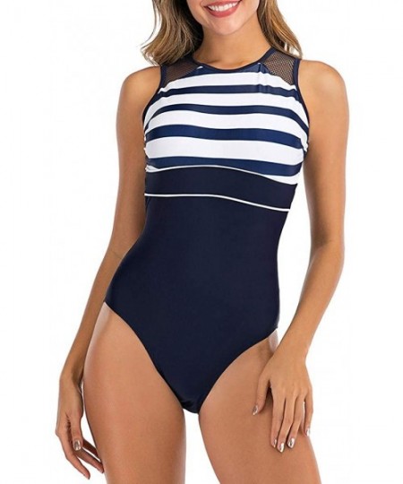 Racing Women Slimming One Piece Swimsuit High Neck Mesh Striped Monokini Swimwear High Waist Conservative Bathing Suit Black ...