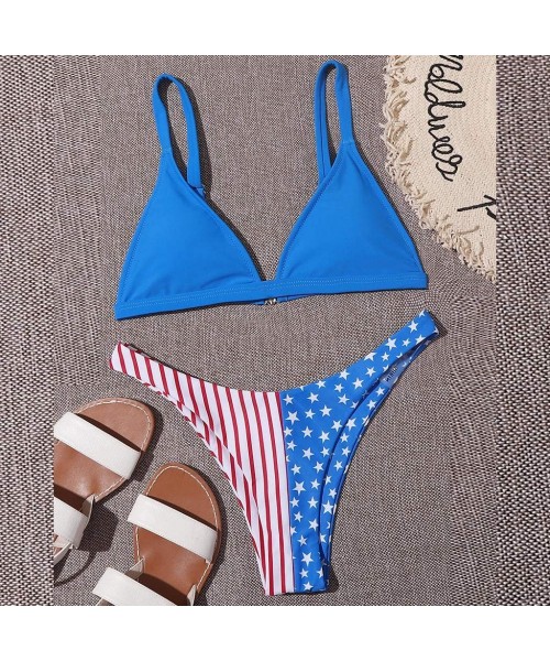 Sets Women's Sexy Bikini Set American Flag 4th of July Swimsuit Two Piece Filled Bra Swimwear Beachwear - Blue 03 - C419C264RXN