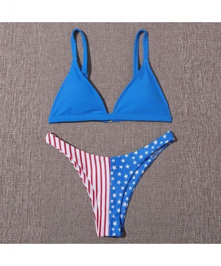 Sets Women's Sexy Bikini Set American Flag 4th of July Swimsuit Two Piece Filled Bra Swimwear Beachwear - Blue 03 - C419C264RXN