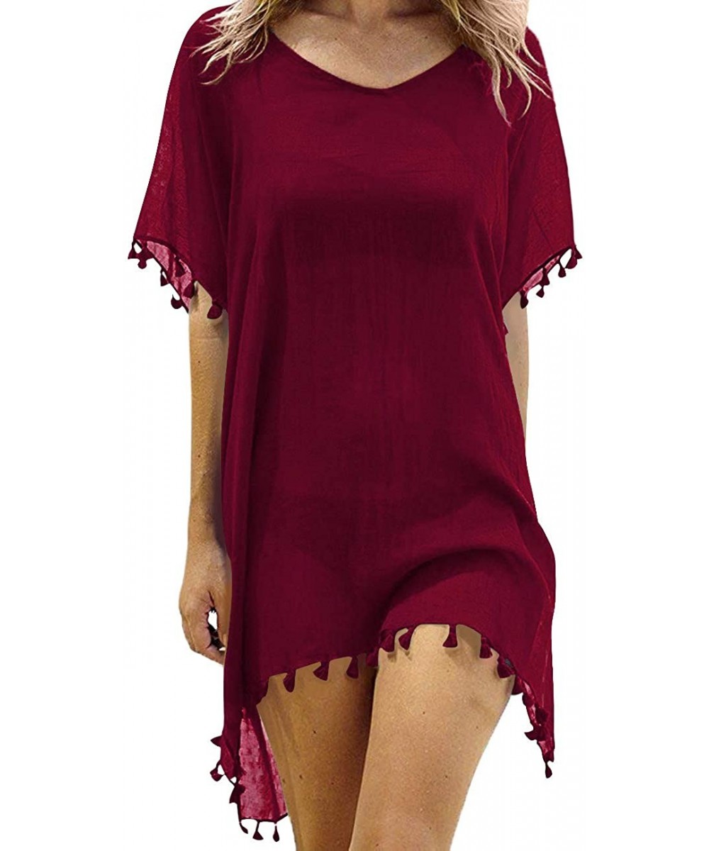 Cover-Ups Women's Chiffon Swimsuits Cover Ups Translucent Tassel Swimwear Bikini Beach Dress - 4004wine Red - CB199AR9NZ9