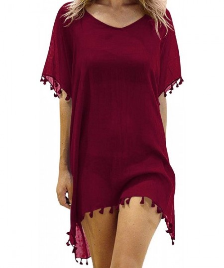 Cover-Ups Women's Chiffon Swimsuits Cover Ups Translucent Tassel Swimwear Bikini Beach Dress - 4004wine Red - CB199AR9NZ9