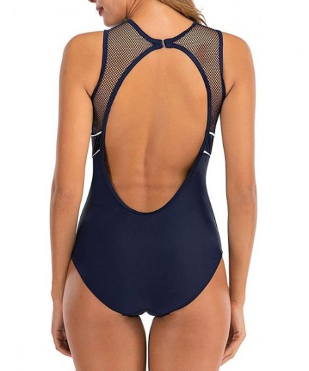 Racing Women Slimming One Piece Swimsuit High Neck Mesh Striped Monokini Swimwear High Waist Conservative Bathing Suit Black ...