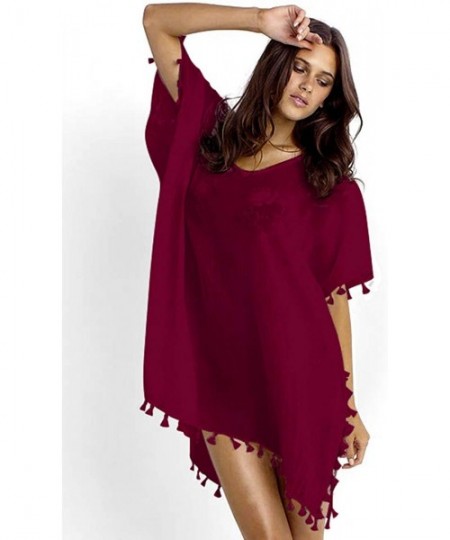 Cover-Ups Women's Chiffon Swimsuits Cover Ups Translucent Tassel Swimwear Bikini Beach Dress - 4004wine Red - CB199AR9NZ9