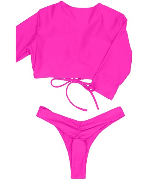 Sets Womens 3/4 Sleeve Tie Front High Waist Thong Bikini Set 2 Piece Swimsuit - Rosy - CT19CGDQNW3