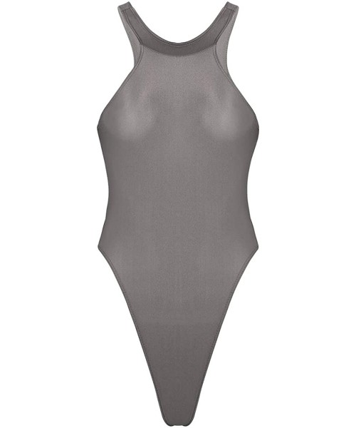 One-Pieces Women One Piece See Through Sheer High Cut Backless Thong Leotard Stretchy Lingerie Bodysuit Swimwear - 2 Grey - C...