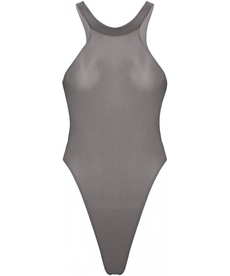 One-Pieces Women One Piece See Through Sheer High Cut Backless Thong Leotard Stretchy Lingerie Bodysuit Swimwear - 2 Grey - C...