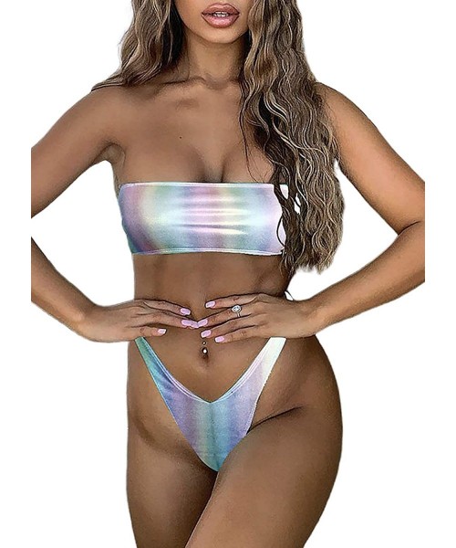 Sets Women Sexy Sequin Two Piece Bikini Set Swimwear Bathing Suits Tube Top - Rainbow - C0196SWZC9H