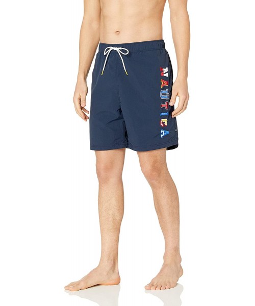 Trunks Men's Quick Dry Side Logo Nylon Full Elastic Swim Trunk - Navy - C818ILAAH2R