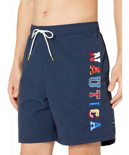 Trunks Men's Quick Dry Side Logo Nylon Full Elastic Swim Trunk - Navy - C818ILAAH2R