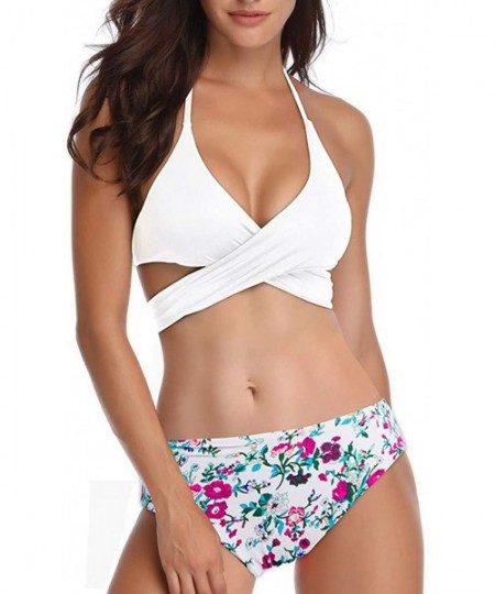 Bottoms Womens Bathing Suits Floral Printing Swim Bottoms Padded Halter Bandage Bikini Two Piece Swimsuits - B-white - CG194N...