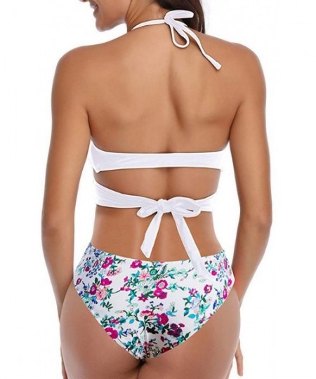 Bottoms Womens Bathing Suits Floral Printing Swim Bottoms Padded Halter Bandage Bikini Two Piece Swimsuits - B-white - CG194N...