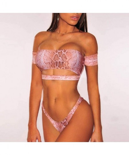 Sets Women's Sexy Two Pieces Bikini Sets Swimsuit Crop Print Top Mid Waisted High Cut Cheeky Bottom - Pink - C618QW2LO2L