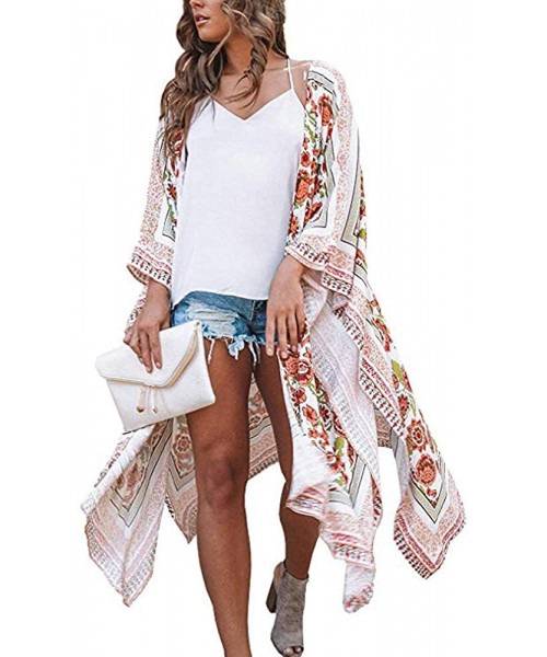 Cover-Ups Women's Kimono Beach Cover Up Floral Cardigan Loose Tops Long Sheer Chiffon Blouse - Orange Flower - CU18W8T7RYH