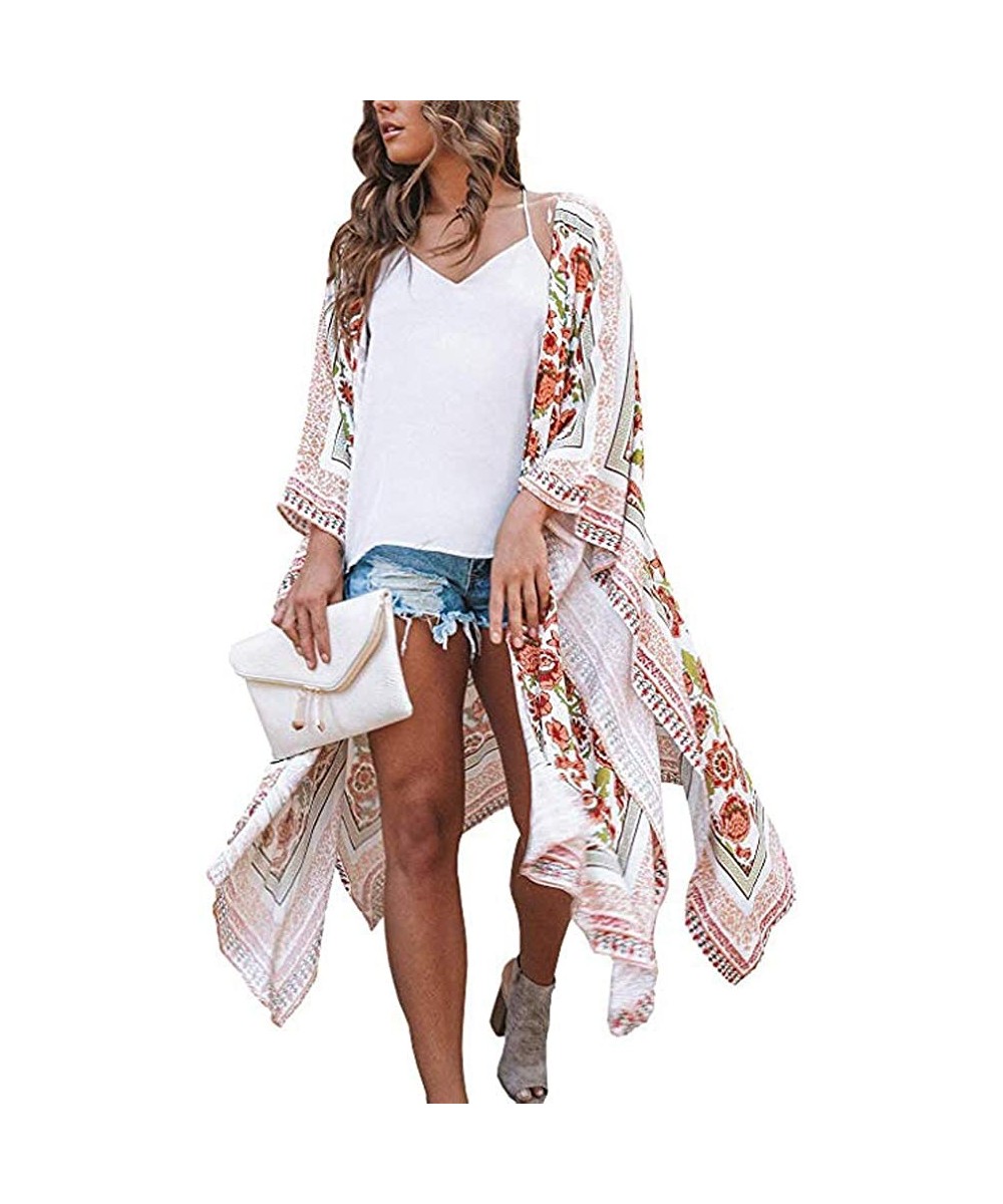 Cover-Ups Women's Kimono Beach Cover Up Floral Cardigan Loose Tops Long Sheer Chiffon Blouse - Orange Flower - CU18W8T7RYH