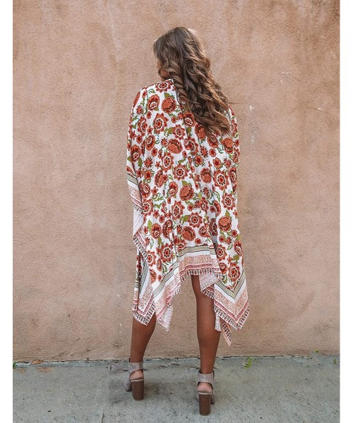 Cover-Ups Women's Kimono Beach Cover Up Floral Cardigan Loose Tops Long Sheer Chiffon Blouse - Orange Flower - CU18W8T7RYH