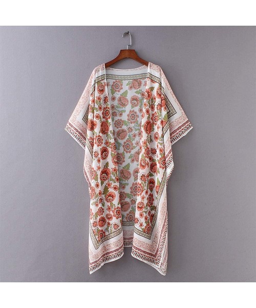 Cover-Ups Women's Kimono Beach Cover Up Floral Cardigan Loose Tops Long Sheer Chiffon Blouse - Orange Flower - CU18W8T7RYH