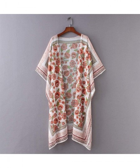 Cover-Ups Women's Kimono Beach Cover Up Floral Cardigan Loose Tops Long Sheer Chiffon Blouse - Orange Flower - CU18W8T7RYH