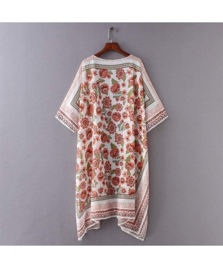 Cover-Ups Women's Kimono Beach Cover Up Floral Cardigan Loose Tops Long Sheer Chiffon Blouse - Orange Flower - CU18W8T7RYH