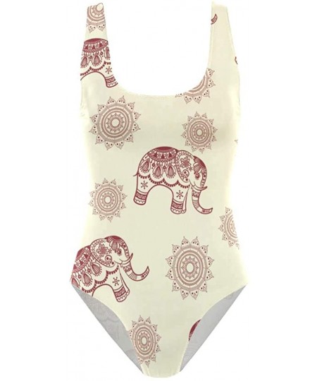 One-Pieces Women's Adjustable Strap One Piece Tropical Beach with Palm Tree Monokini Swimsuit - Vintage Indian Lotus Elephant...