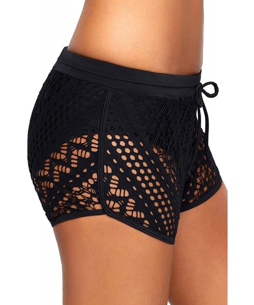 Tankinis Women's Beach Board Shorts Lace Crochet Tankini Swim Shorts Swimsuit Bottoms - Black Lace - C418Q8AH055