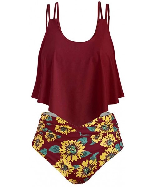 Sets Bathing Suit Two Piece Ruffled Top with High Waisted Bottom Bikini Sets Sunflower Floral Print Tankini - Wine Red - CZ19...