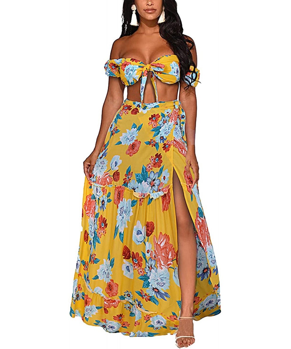 Cover-Ups Women's Sexy Two Piece Boho Floral Summer Off Shoulder Beach Party Split Cover Up Dress S-XL - Yellow - CZ196LAT2I0