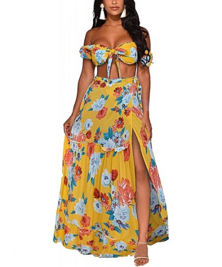 Cover-Ups Women's Sexy Two Piece Boho Floral Summer Off Shoulder Beach Party Split Cover Up Dress S-XL - Yellow - CZ196LAT2I0