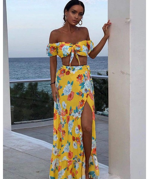 Cover-Ups Women's Sexy Two Piece Boho Floral Summer Off Shoulder Beach Party Split Cover Up Dress S-XL - Yellow - CZ196LAT2I0