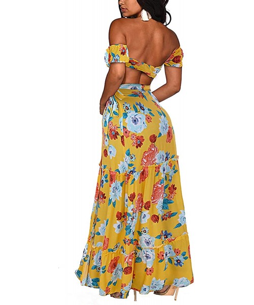 Cover-Ups Women's Sexy Two Piece Boho Floral Summer Off Shoulder Beach Party Split Cover Up Dress S-XL - Yellow - CZ196LAT2I0