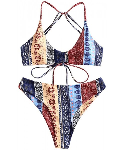 Sets Women's Lace-up Bikini Set Paisley Pattern Strappy Bathing Suit Brallete Swimsuits - Multi-a - C018SR98E0Q