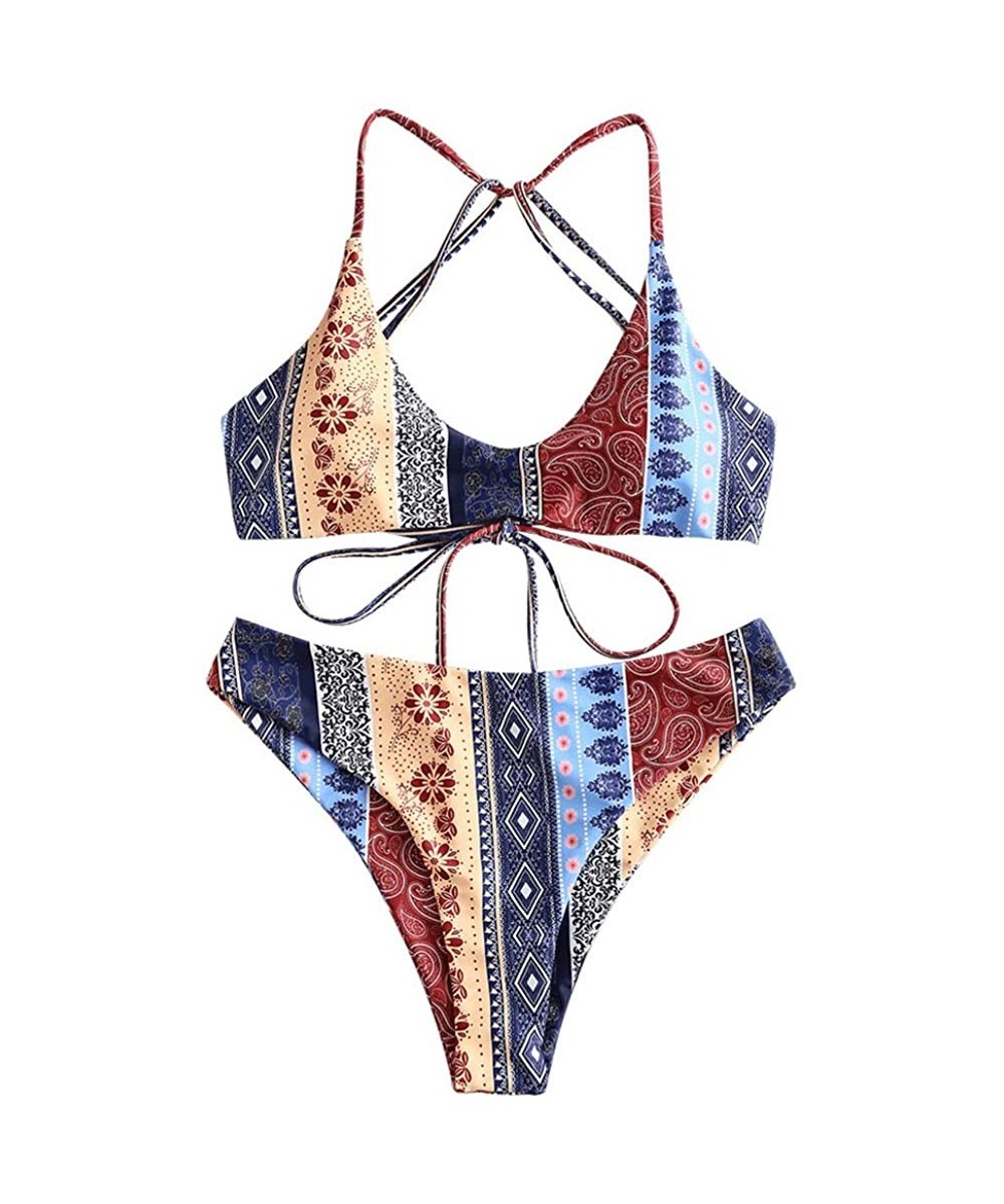 Sets Women's Lace-up Bikini Set Paisley Pattern Strappy Bathing Suit Brallete Swimsuits - Multi-a - C018SR98E0Q