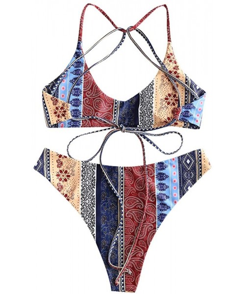 Sets Women's Lace-up Bikini Set Paisley Pattern Strappy Bathing Suit Brallete Swimsuits - Multi-a - C018SR98E0Q