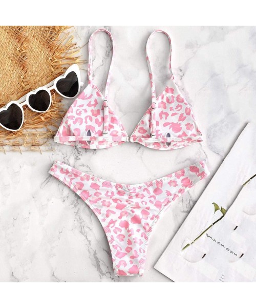 Sets Women Leopard Bikini Set High Cut Two Piece Straps Sexy Triangle Bathing Suits for Women Cami Swimwear Set - Pink - C619...