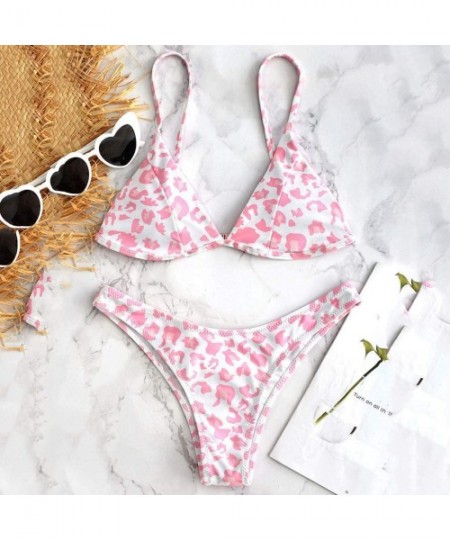 Sets Women Leopard Bikini Set High Cut Two Piece Straps Sexy Triangle Bathing Suits for Women Cami Swimwear Set - Pink - C619...