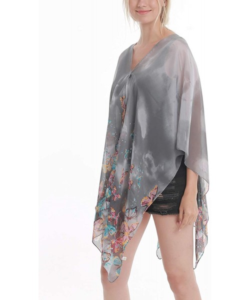 Cover-Ups Women's Floral Kimono Chiffon Sheer Plus Size Beach Cover Up Swimsuit Summer Swimwear for Bikini - A- Light Black&b...