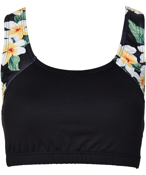 Rash Guards Women Plus Size UPF 50+ Swim Raglan Tank Bra Top Rash Guard - Black With Hawaiian Black Plumeria - C018KE9ANHI