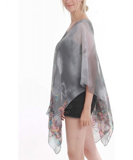 Cover-Ups Women's Floral Kimono Chiffon Sheer Plus Size Beach Cover Up Swimsuit Summer Swimwear for Bikini - A- Light Black&b...