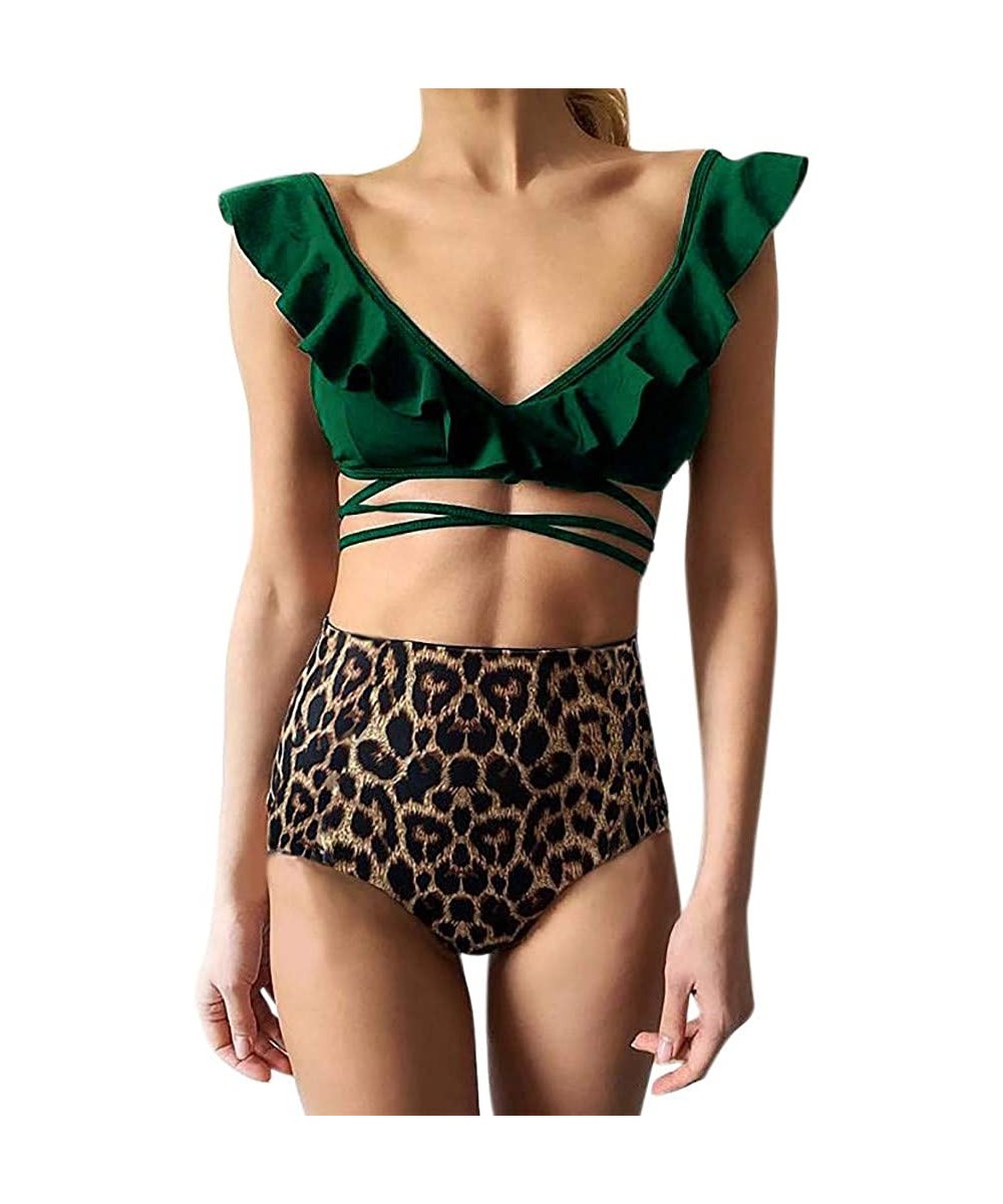 Sets Women's Sexy V-Neck Cute Ruffle Bikini Top High Waisted Leopard Print Two Piece Swimsuit Bathing Suit - Green - C418ST4UZLR