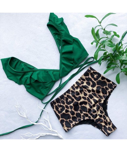 Sets Women's Sexy V-Neck Cute Ruffle Bikini Top High Waisted Leopard Print Two Piece Swimsuit Bathing Suit - Green - C418ST4UZLR