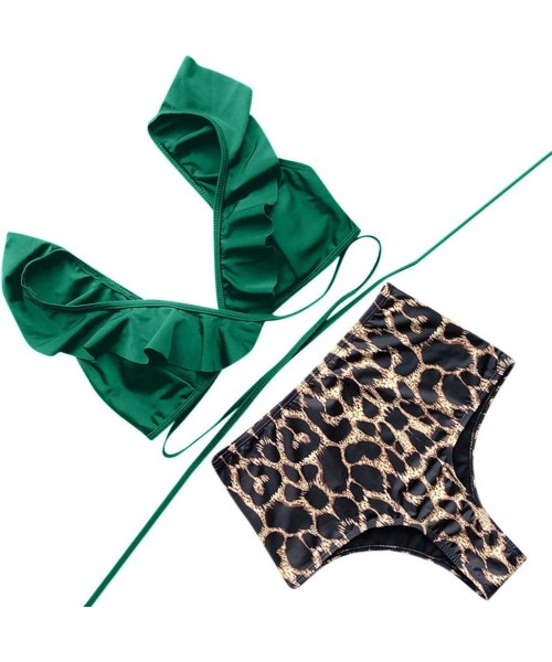 Sets Women's Sexy V-Neck Cute Ruffle Bikini Top High Waisted Leopard Print Two Piece Swimsuit Bathing Suit - Green - C418ST4UZLR