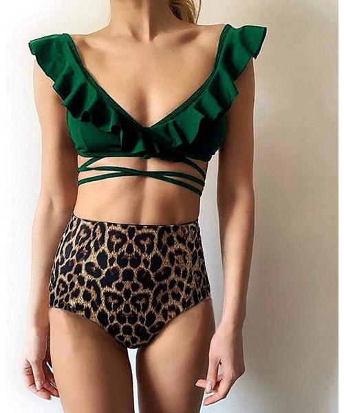 Sets Women's Sexy V-Neck Cute Ruffle Bikini Top High Waisted Leopard Print Two Piece Swimsuit Bathing Suit - Green - C418ST4UZLR