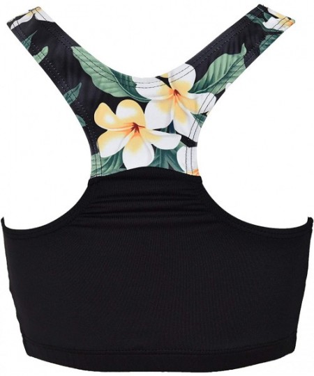 Rash Guards Women Plus Size UPF 50+ Swim Raglan Tank Bra Top Rash Guard - Black With Hawaiian Black Plumeria - C018KE9ANHI