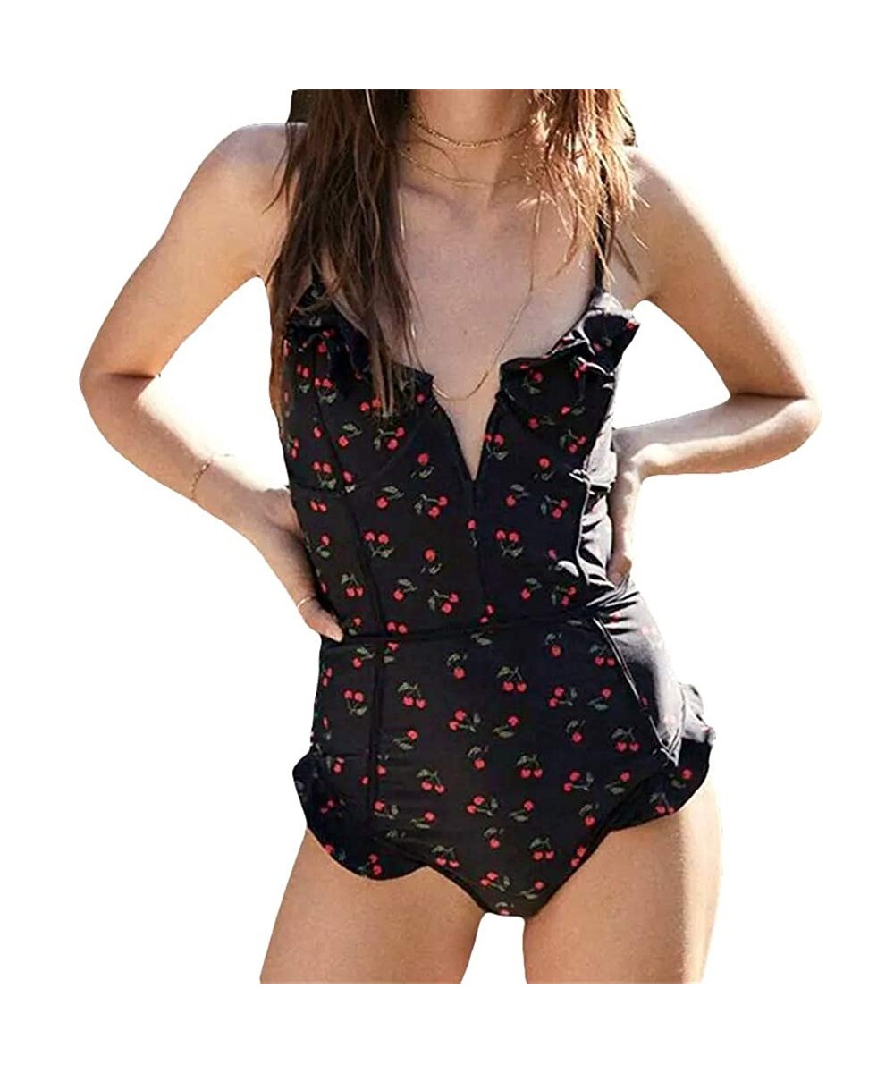 One-Pieces Sexy Vintage Cherry Print Deep Plunging V Neck Ruffle Monokini Backless Swimwear Women One Piece Swimsuit - Black ...