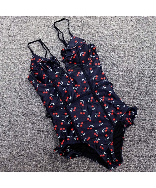 One-Pieces Sexy Vintage Cherry Print Deep Plunging V Neck Ruffle Monokini Backless Swimwear Women One Piece Swimsuit - Black ...