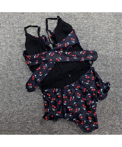 One-Pieces Sexy Vintage Cherry Print Deep Plunging V Neck Ruffle Monokini Backless Swimwear Women One Piece Swimsuit - Black ...