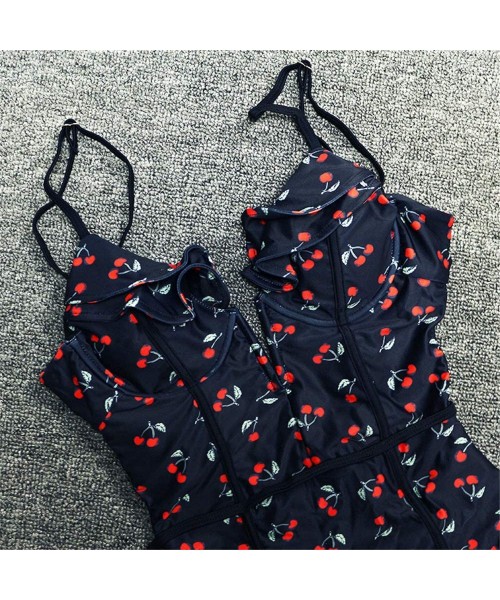 One-Pieces Sexy Vintage Cherry Print Deep Plunging V Neck Ruffle Monokini Backless Swimwear Women One Piece Swimsuit - Black ...