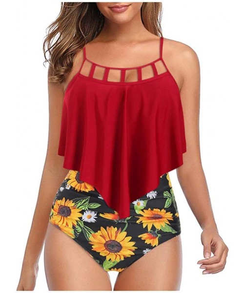 One-Pieces Swimsuits for Women Sunflower Print Two Pieces Bathing Suits Ruffled Racerback Top with High Waisted Bottom - Red ...