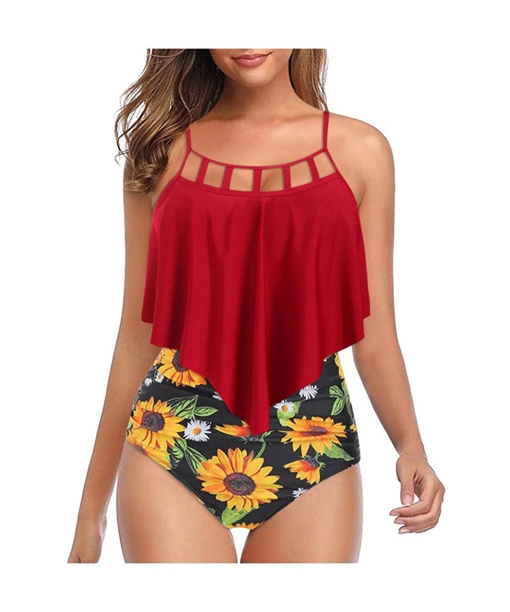 One-Pieces Swimsuits for Women Sunflower Print Two Pieces Bathing Suits Ruffled Racerback Top with High Waisted Bottom - Red ...